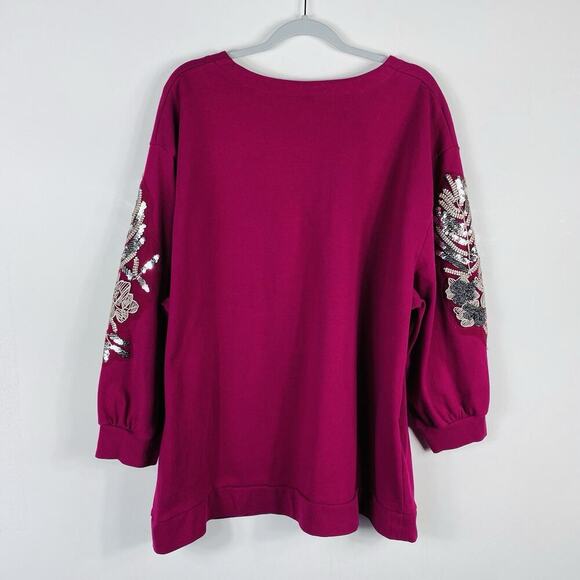 Roaman's Size 22 24 Embellished Sleeve Sweater Pink Fuchsia Cotton Blend - Picture 2 of 6